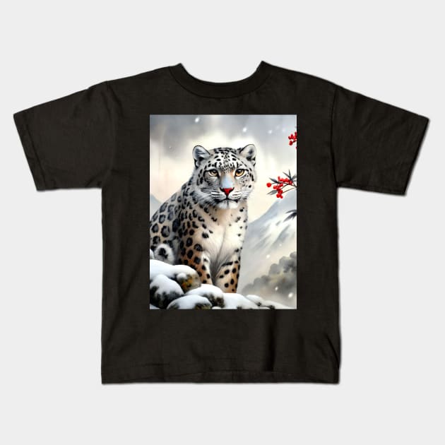 A Proud Snow Leopard Went Hunting, in the Snowy forest, Hight Mountains, Snow Falling, Winter Landscape, Wildlife White Panthera, Watercolor Realistic Illustration, Art, Portrait, Poster, Shirt, Christmas Holiday, Birthday gifts, Hunting lover Kids T-Shirt by sofiartmedia